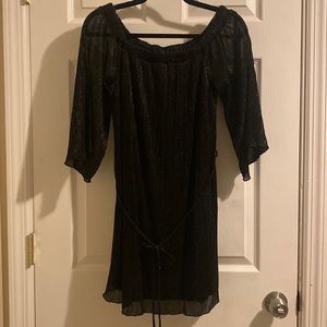 Small black shimmer off the shoulder cinch waist dress